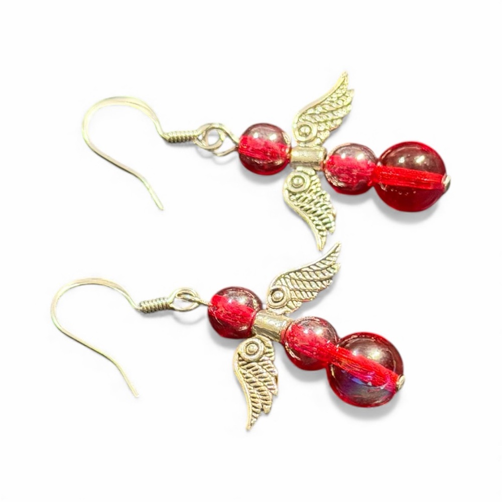 Handcrafted Red Angel Wing Earrings - Picture 11 of 13